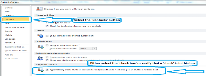 Create Outlook 2010 Contacts Option Screenshot