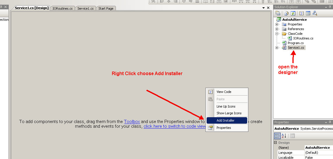 Solved using the InstallUtil.exe to install a Window Service Experts