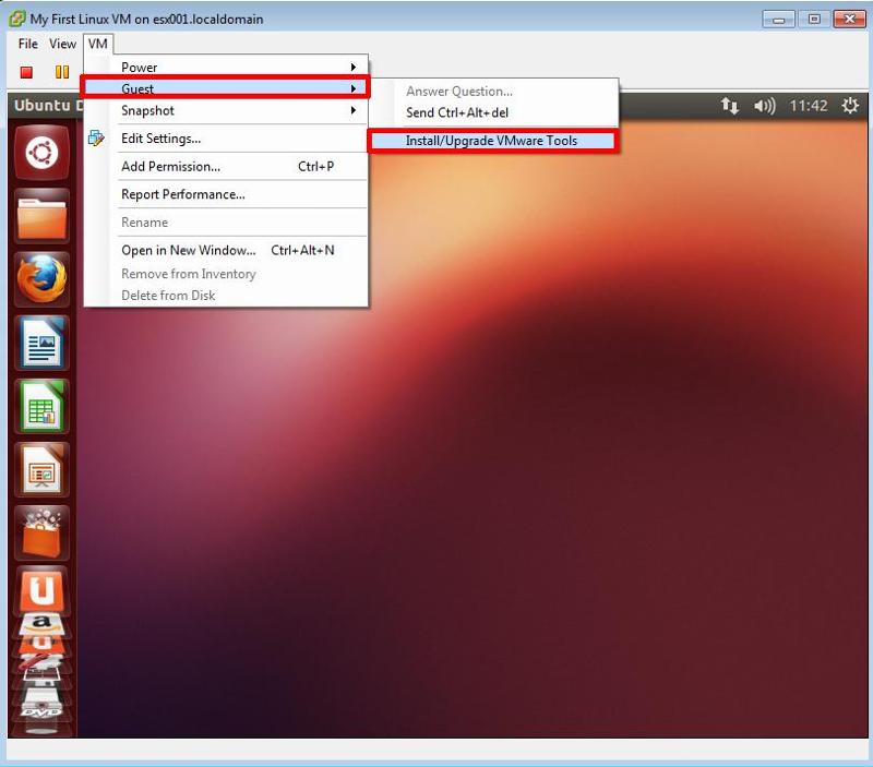 Select VM > Guest > Install/Upgrade VMware Tools