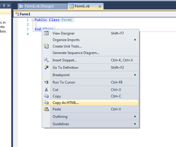 copy code with line numbers menu item
