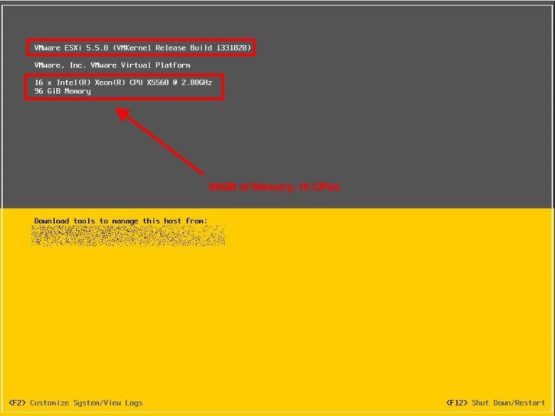 ESXi 5.5 installed with 16 CPUs and 96GB of RAM
