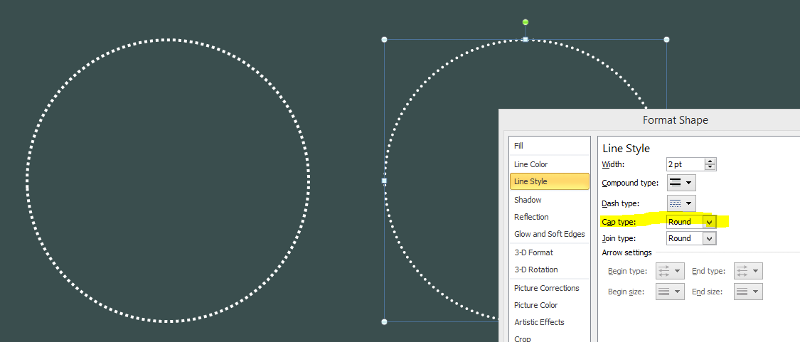 PowerPoint VBA Why Does round Dot Line Style Have Wider Dot Spacing 