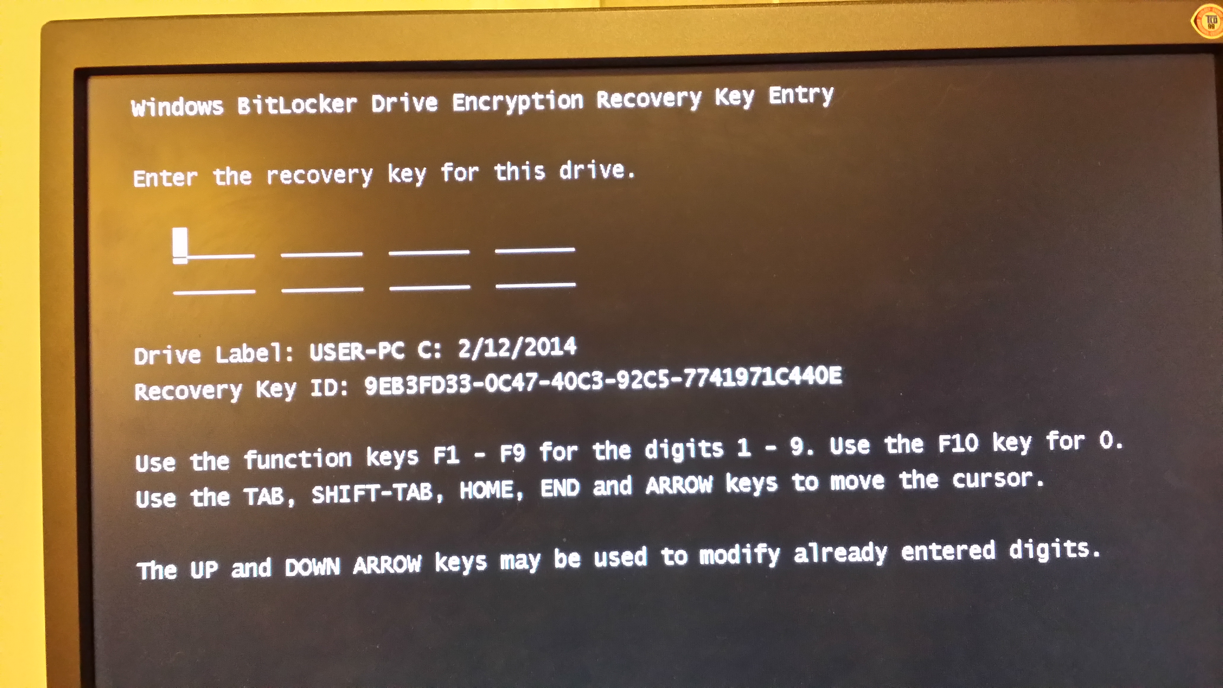 Recovery key. BITLOCKER the Office. Enter the Recovery Key for this Drive BIOS. What are the default arrow Keys?. What does f10 Key on Windows.