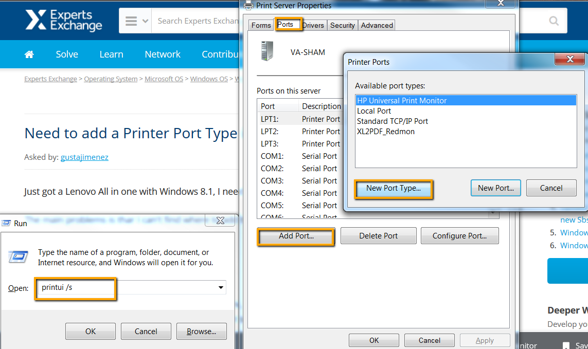 Solved Need to add a Printer Port Type in Windows 8.1 Experts Exchange