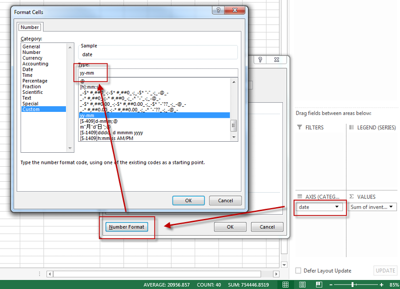 pivot chart format axis x chart axis change number can't format