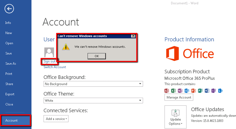 cannot remove office 365 from windows 10