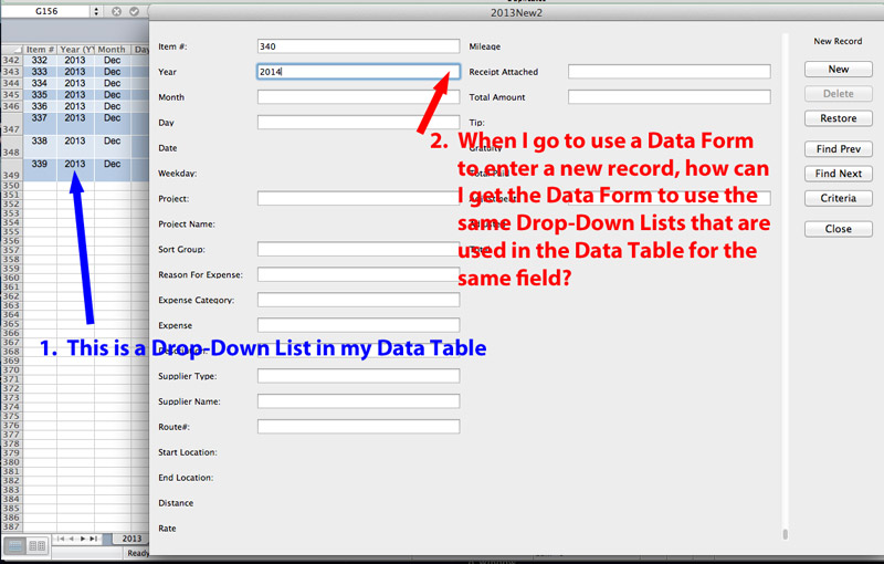 Excel How to apply DropDown Lists associated with Fields in a Data