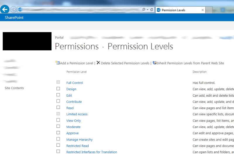 The view from a subsite where I can create my own custom permission levels.