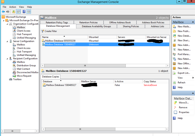 EMC in Server B showing error on Server A database.