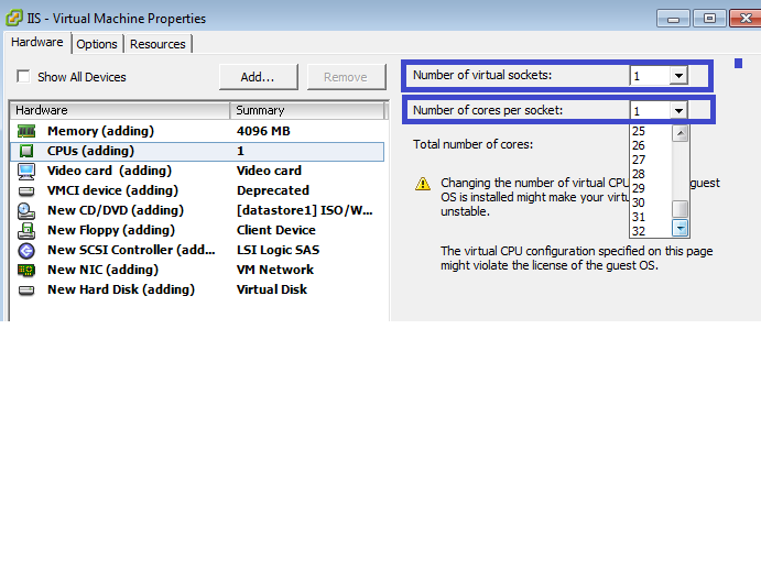 Настройка виртуальной машины vmware cores per socket