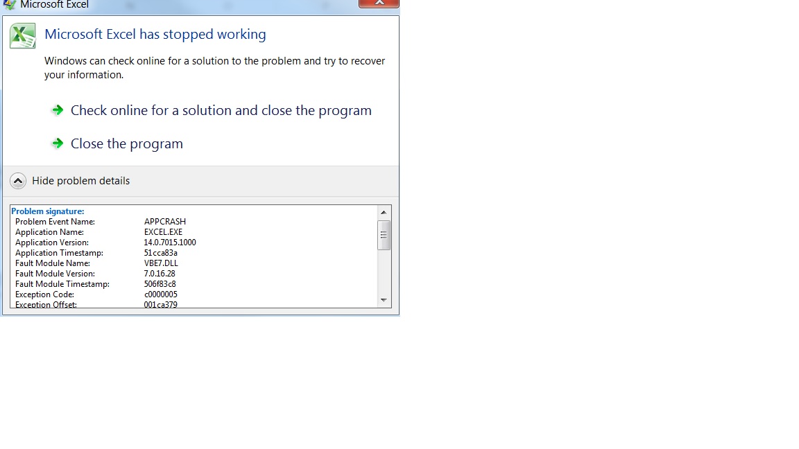 Solved Microsoft Excel Has Stopped Working Error Message Appcrash Experts Exchange