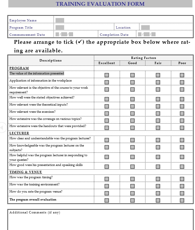 Training Evaluation Form On Point 2013