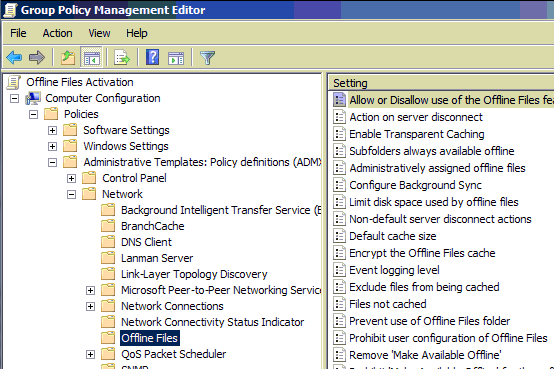 Policy journal. Offline files. GPO locations. Display cache Window Size. DF Journal GPO.