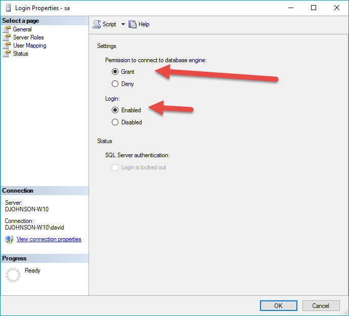 sql server default sa credentials