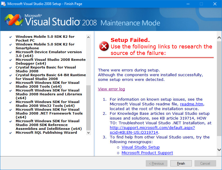 Solved: Install Visual Studio 2008 on Windows 10 - Error 1603 installing  dot Net Framework  | Experts Exchange