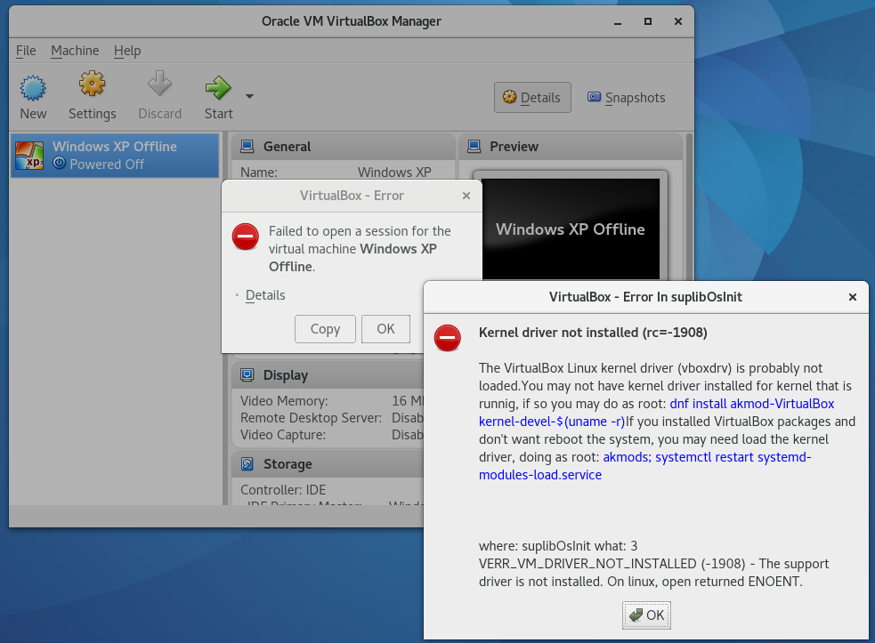 Virtualbox kernel driver not installed rc 1908. BESYS os install.