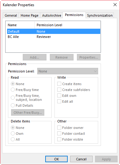 outlook calendar permissions greyed out