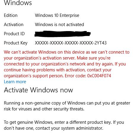 cant activate windows 10 error code 0xc004f074