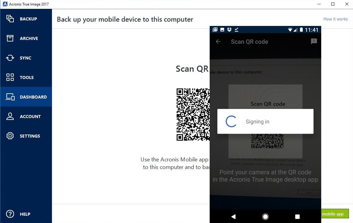 Pair smartphone to Acronis True Image with QR Code