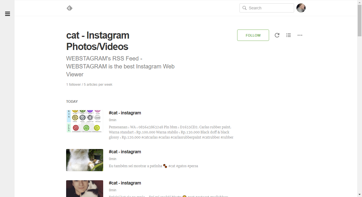 now that you have the rss feed url you can add it to your r!   ss reader - follow on instagram url