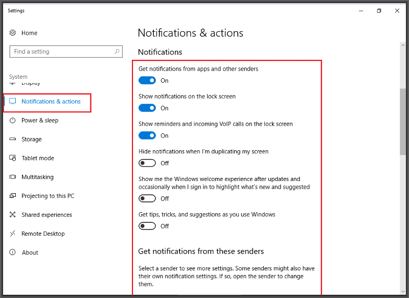 how can I disable or turn off new notifications within Windows 10?