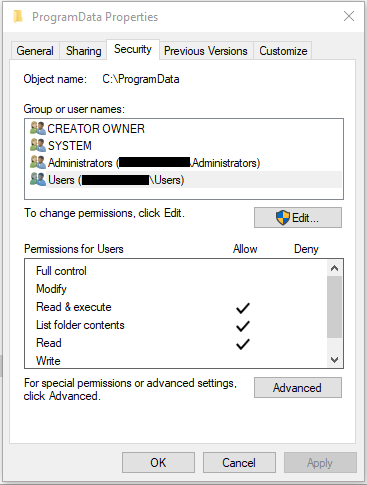 Solved: Users can not access c:\Programdata directory | Experts Exchange