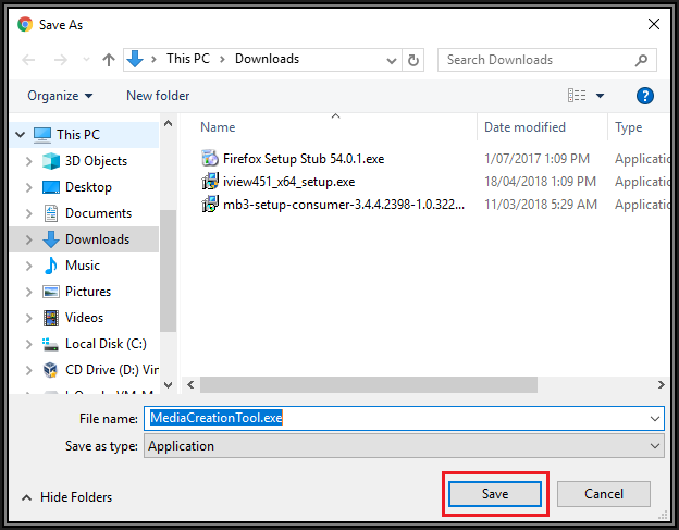 Screenshot of Save As box showing Save button to save Media Creation Tool dot exe to Downloads folder