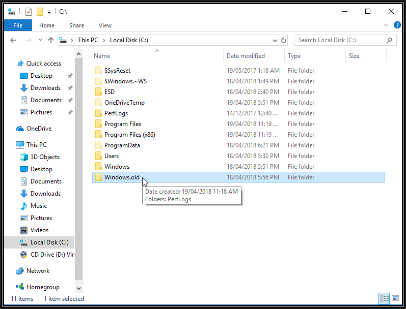 Screenshot of Windows File Explorer showing the Windows.old folder under Local Disk, C