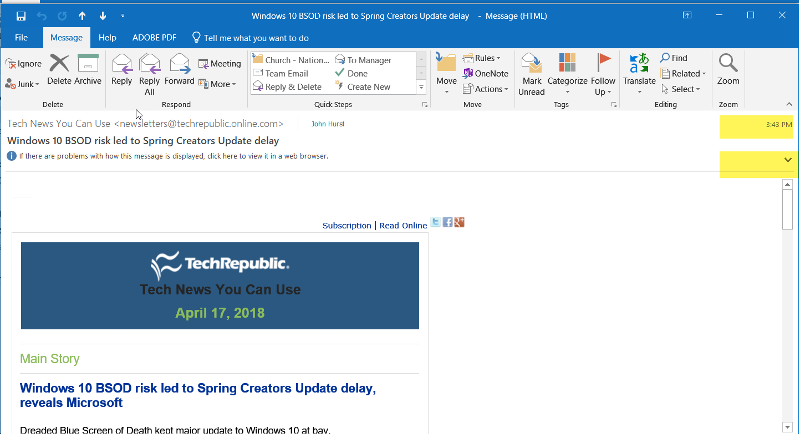 Change Outlook 2016 settings to always display time email was sent ...