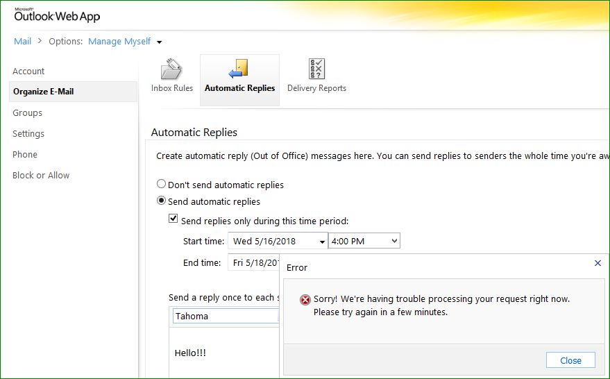 Solved: OOF Auto-Reply not working in OWA | Experts Exchange