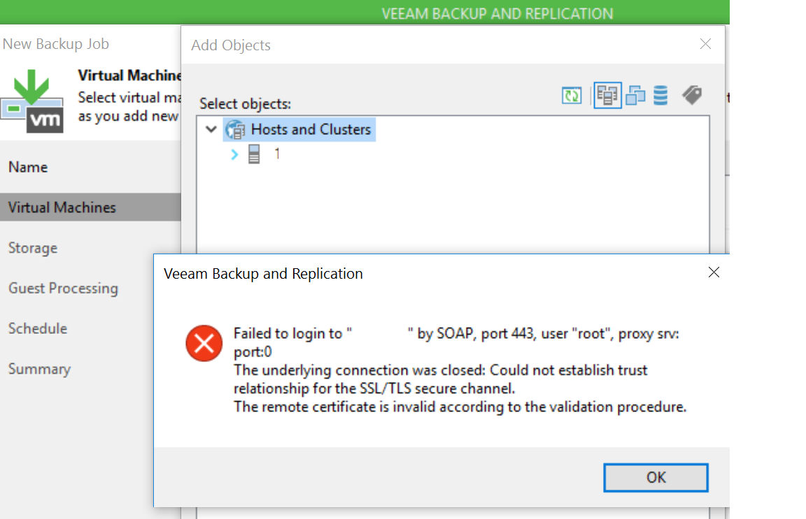 failed to connect to veeam backup and replication server