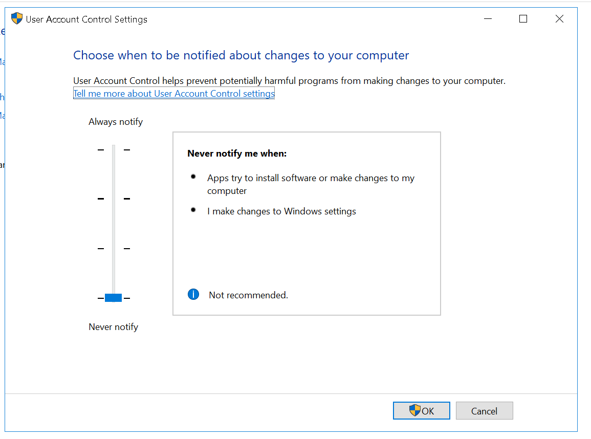 user account control settings never notify registry