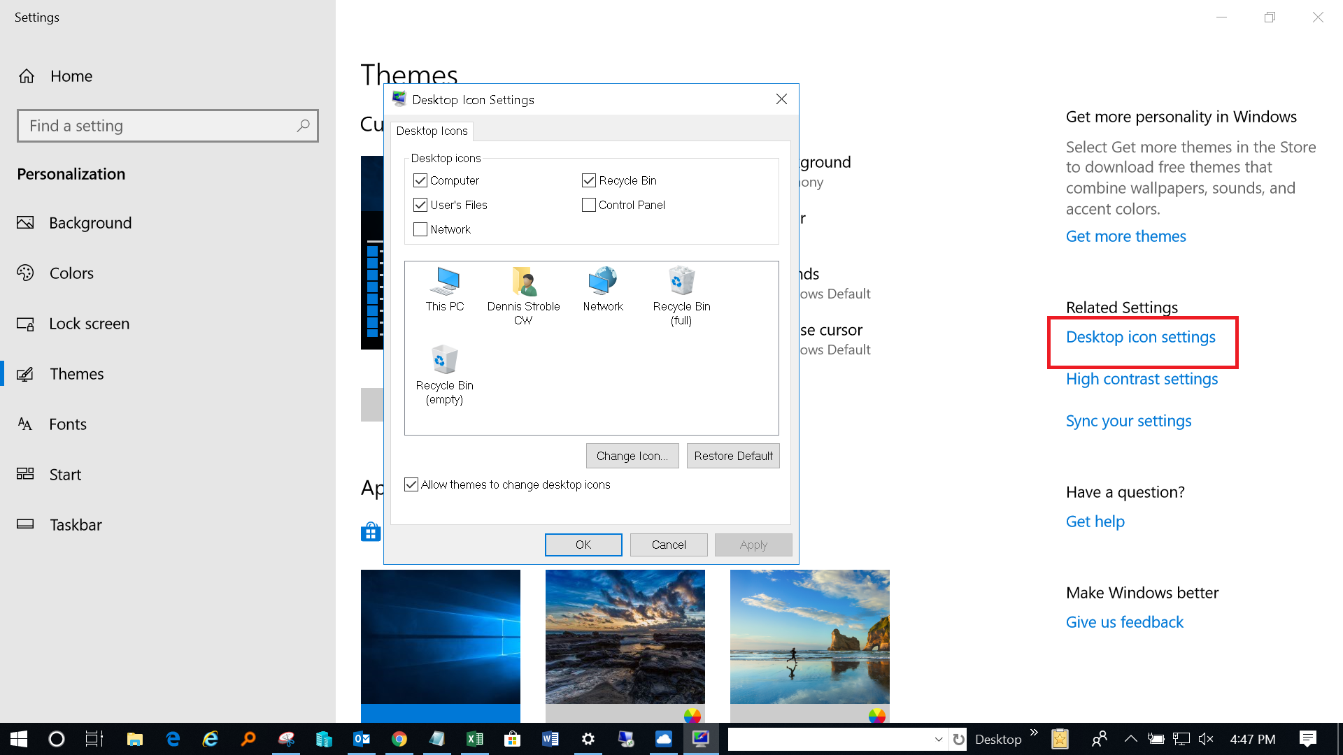 where is the windows 10 settings for desktop icon