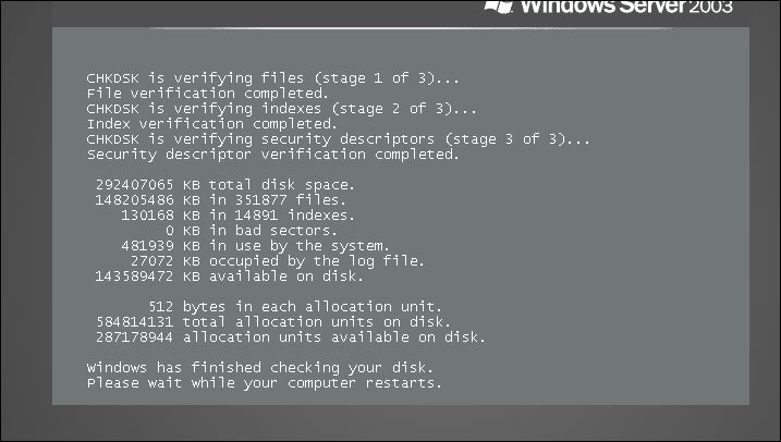 how to sprint chkdsk utility in Windows site 2003