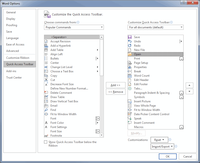 word 2016 quick access toolbar