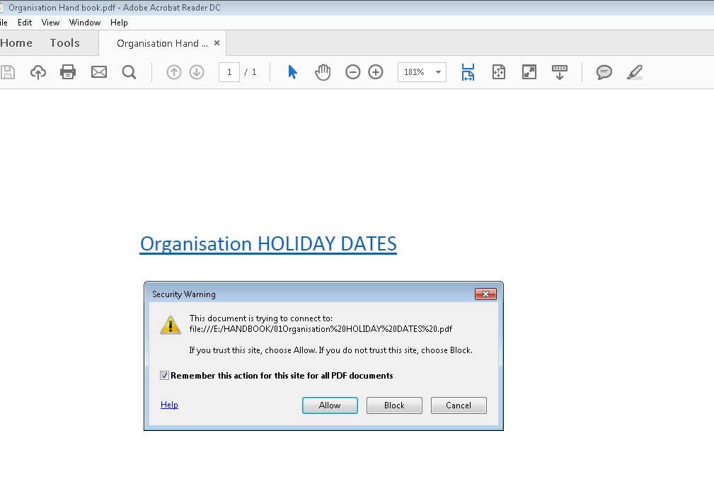 Solved When a link on PDF is opened “Security warning “ This document is trying to connect to