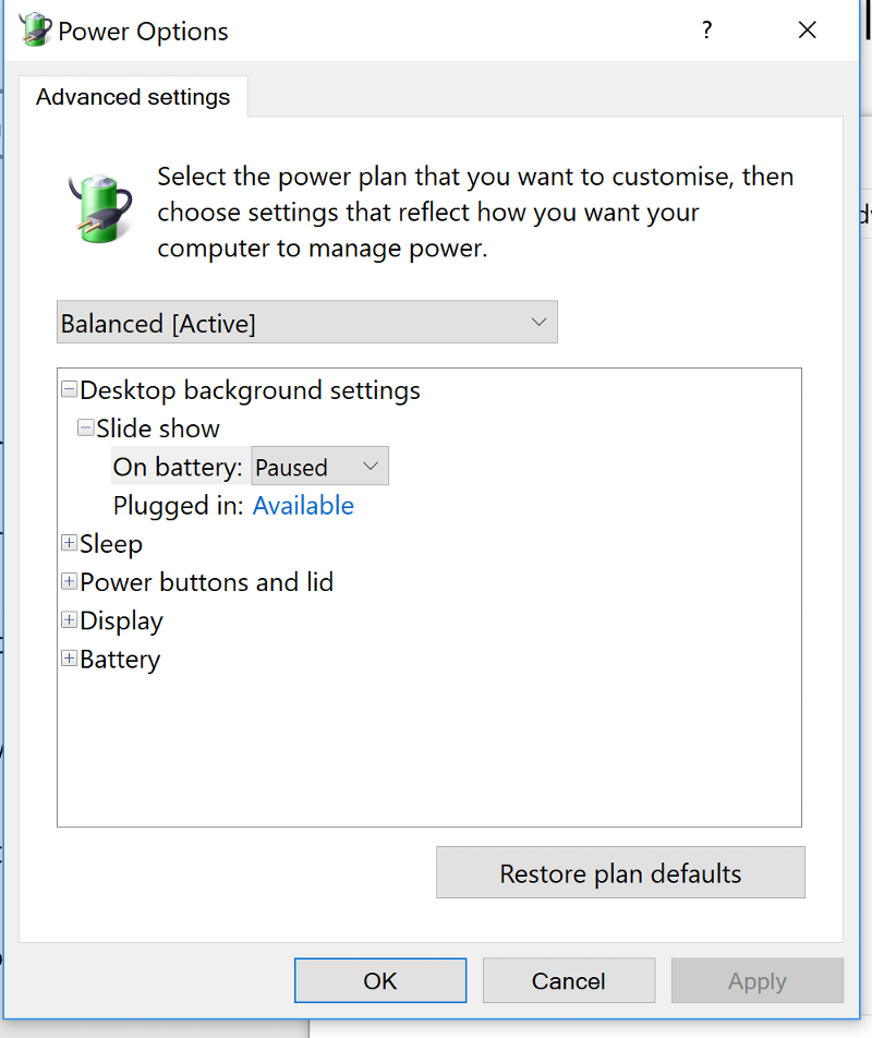 Windows 10 Advanced Power Options
