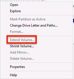 extend volume is greyed out