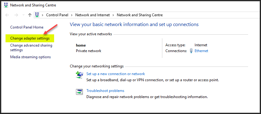 Image showing Network and Sharing centre and where the Change adapter settings link is located