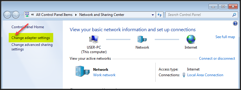 Image showing the Windows 7 Network and Sharing Center window and the Change adapter settings link