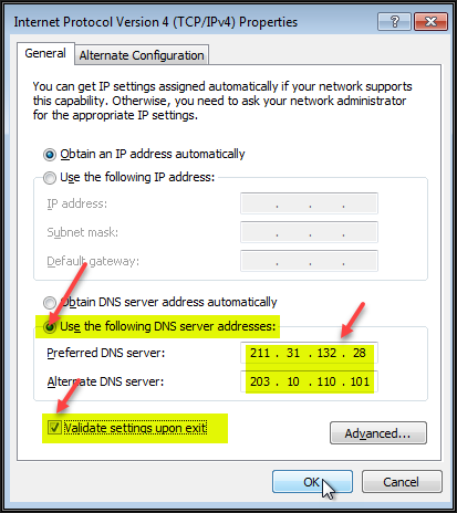 Image showing the Properties window of the TCP/IPv4 settings with indicators where to click and enter DNS IP information