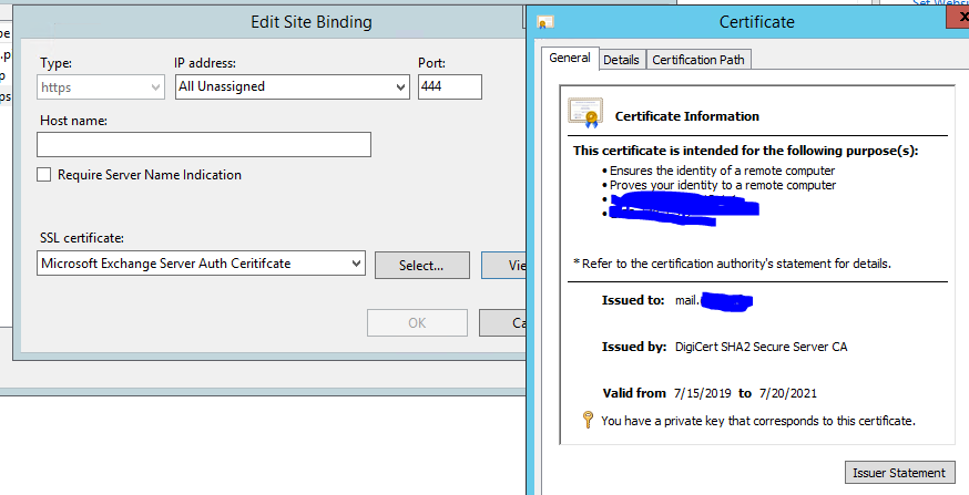 microsoft exchange server auth certificate assigned services