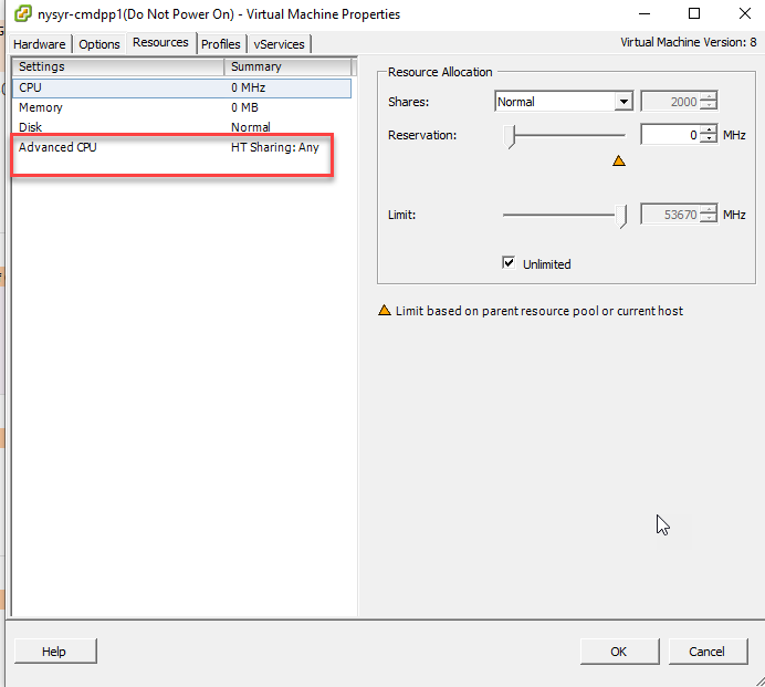 disable hyperthreading in a vm esxi 6.5