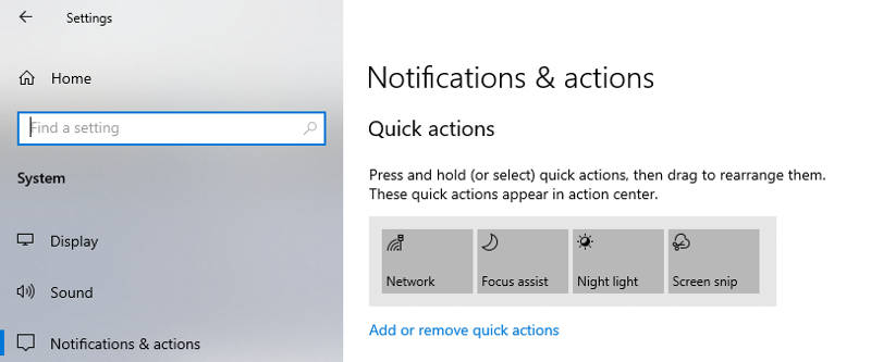 quick actions windows 10