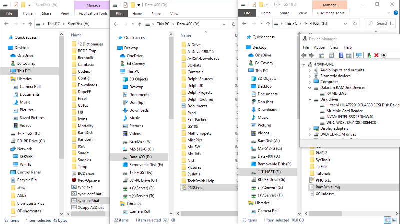 Left - RamDrive drive, center - data drive, right - HDD and Device Manager listing my drives.
