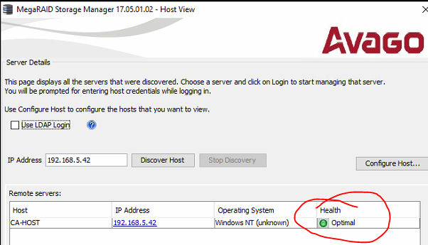 avago megaraid storage manager 16 cannot find host