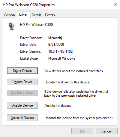 Windows Device Manager uninstall driver screenshot Logitech C920