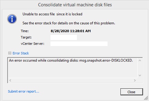 unable locked consolidate disks consolidating msg occurred experts machine