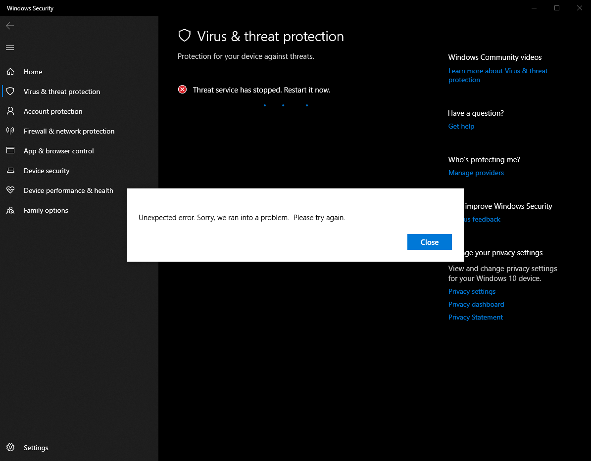 Solved Windows 10 Threat service has stopped. Restart it now