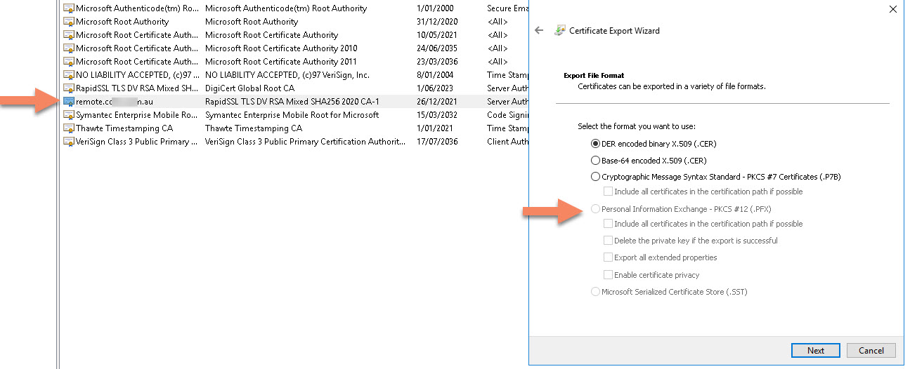 Solved: Export certificate from windows MMC to pfx grayed out
